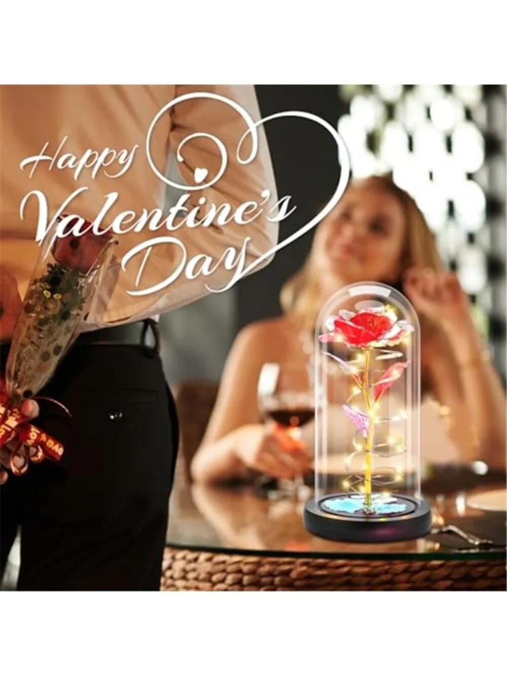 Forever Rose in Glass Dome LED Light Preserved Flower Romantic Gift Decor